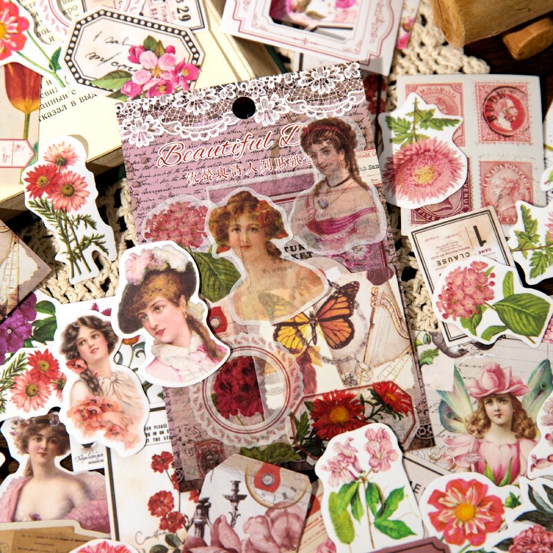 100 pcs Vintage INS Cartoon characters Plant Flowers Stickers pack Diy Scrapbooking material Diary Album Stationery Sticker
