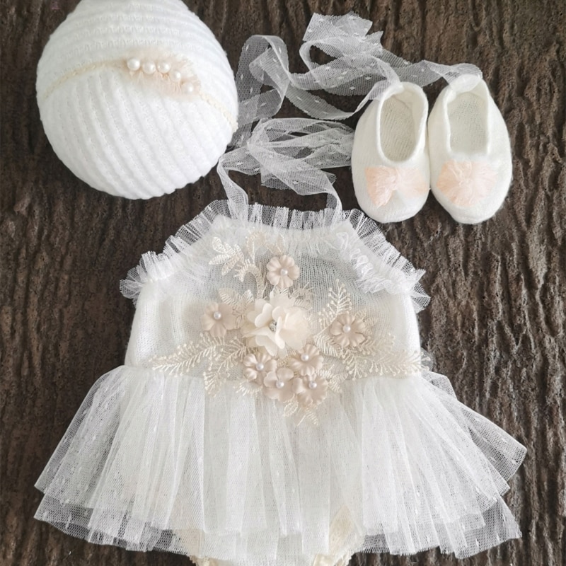 Newborn Outfits Baby Photography Props Lace Romper Headband Shoes Photoshoot