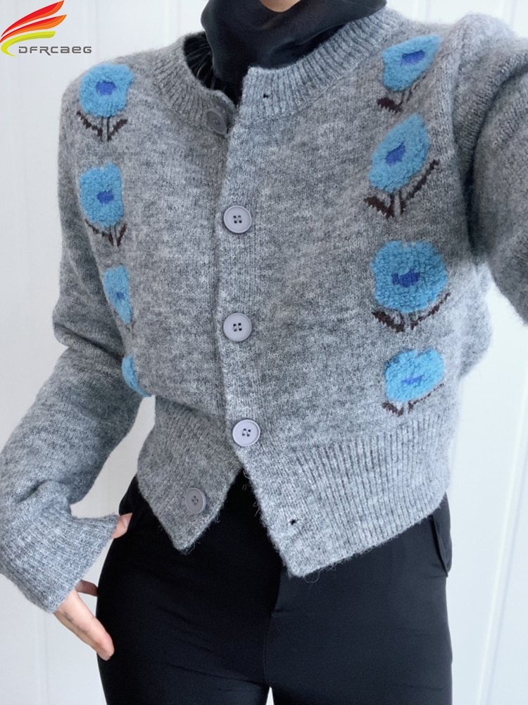 DFRCAEG 2022 Autumn Winter Clothes Women Sweaters Pullovers Single Buttons Up Floral Tops Korean Fashion Gray Jacquard Jumpers