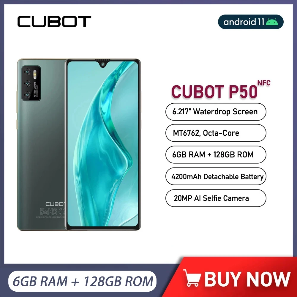 Cubot P50 4G Smartphone Android 6.217" MT6762 6GB+128GB Mobile Phones 20MP Selfie Camera 4200mAh Face ID NFC Cell Phone On 