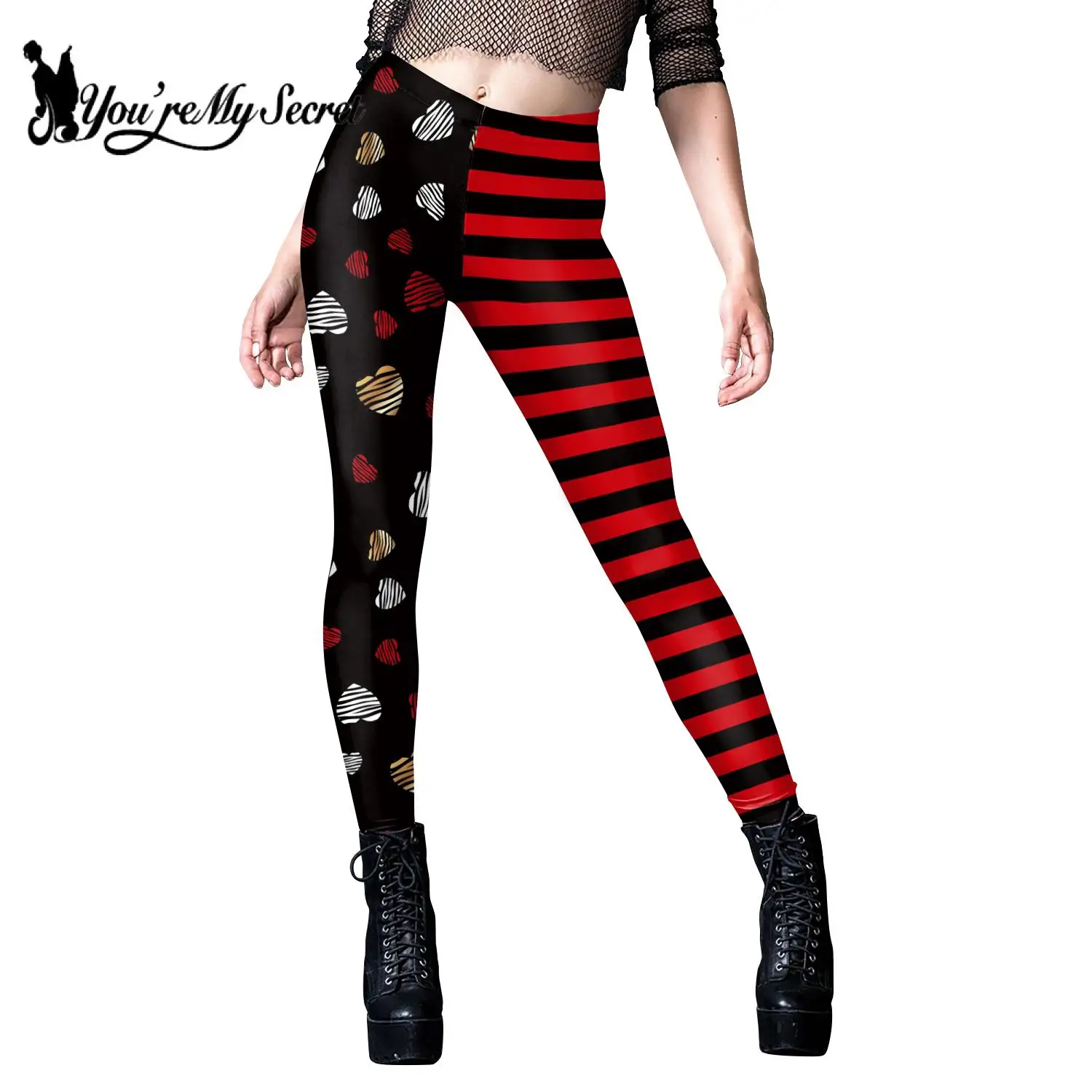 [You're My Secret] Fashion Stripe Love Leggings for Woman Blood Stains 3D Digital Print Fitness Leggins Women Pencil Black 
