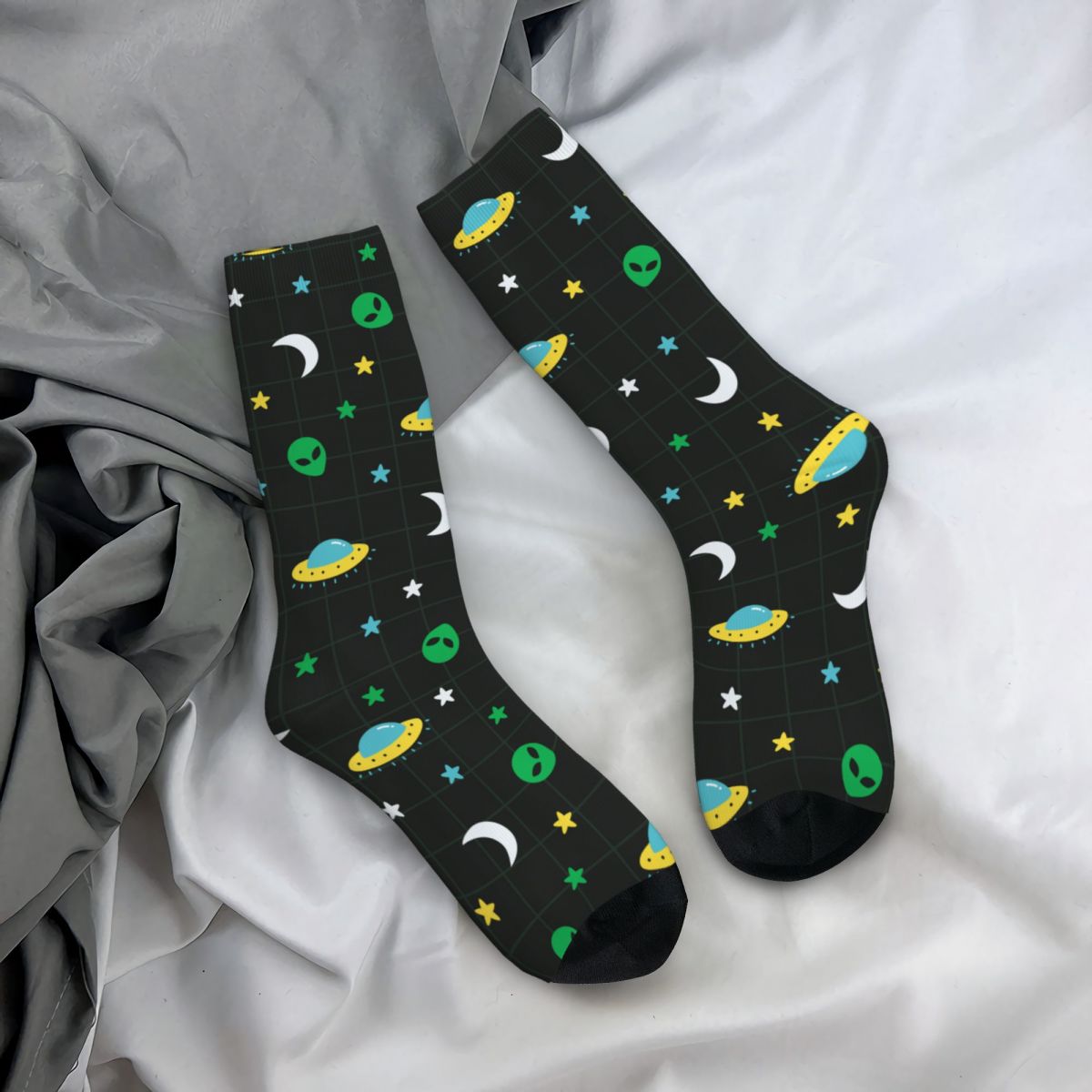 Autumn Winter Retro Unisex Alien Ufo Moon Star Outer Space Pattern Socks Non-slip Basketball Socks