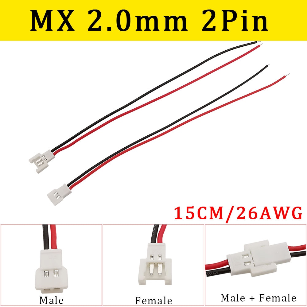 5Pair/10Pcs MX 2.0mm Pitch 2Pin Wire Cable Connector Aerial Docking MX 2Pin Plug Male & Female Battery Charging Cable 26AWG