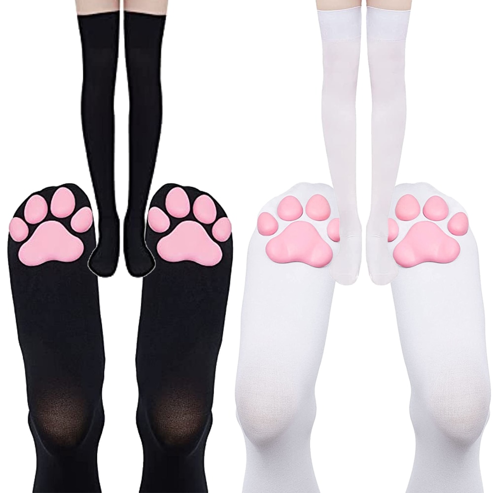 Print Stockings Strip Over Knee Socks Thigh High Socks Pink Thigh High Socks Cute Cat Paw Pad Woman Stockings Cat Paw Stocking