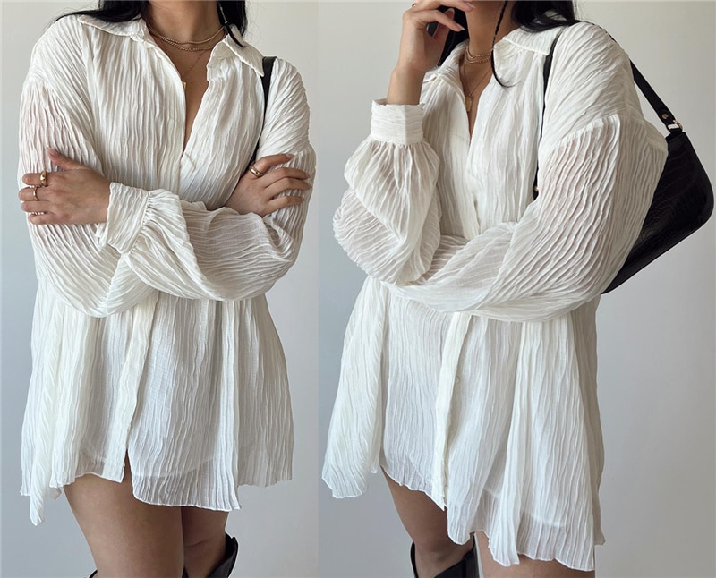 Women‘’s Button Down Shirts Dress, Long Sleeve V-Neck Solid Color Pleated Blouse Tops