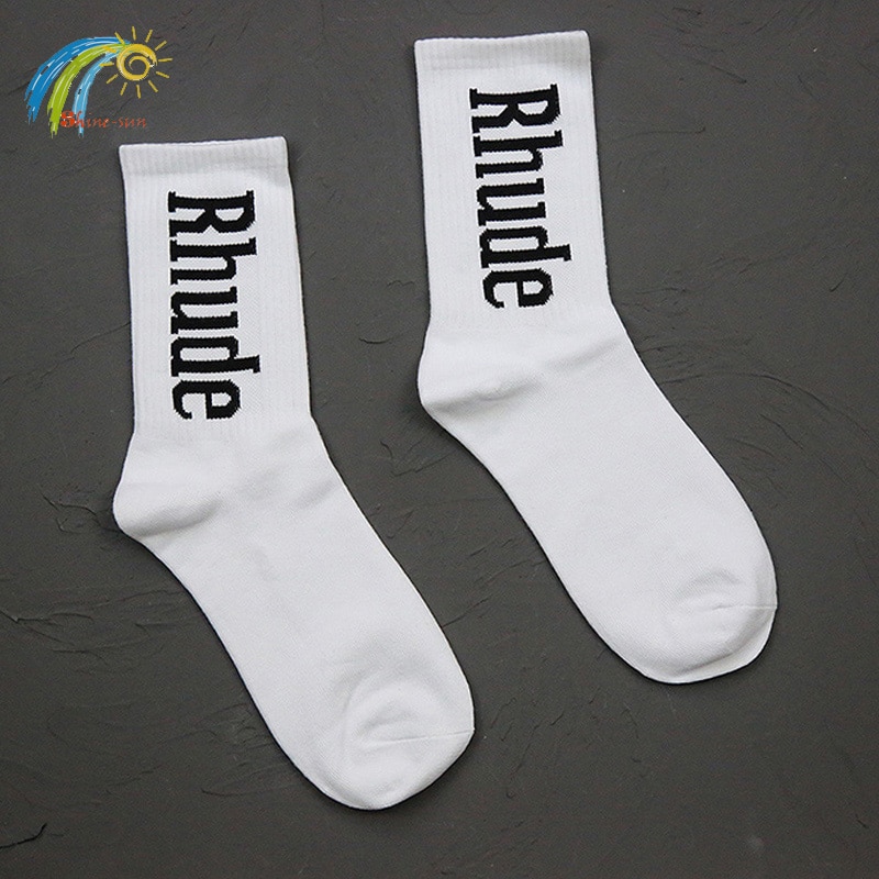 Men Women Streetwear Classic Logo Jacquard Rhude Black White Medium Stockings High Street Casual RHUDE Socks