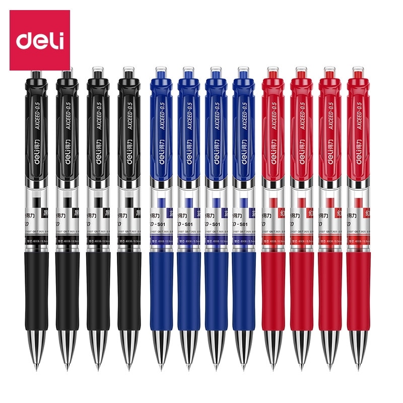 Deli 12 PCS Gel Pen 0.5mm 3 Colors Ink Press Soft Grip Student Stationery 33388