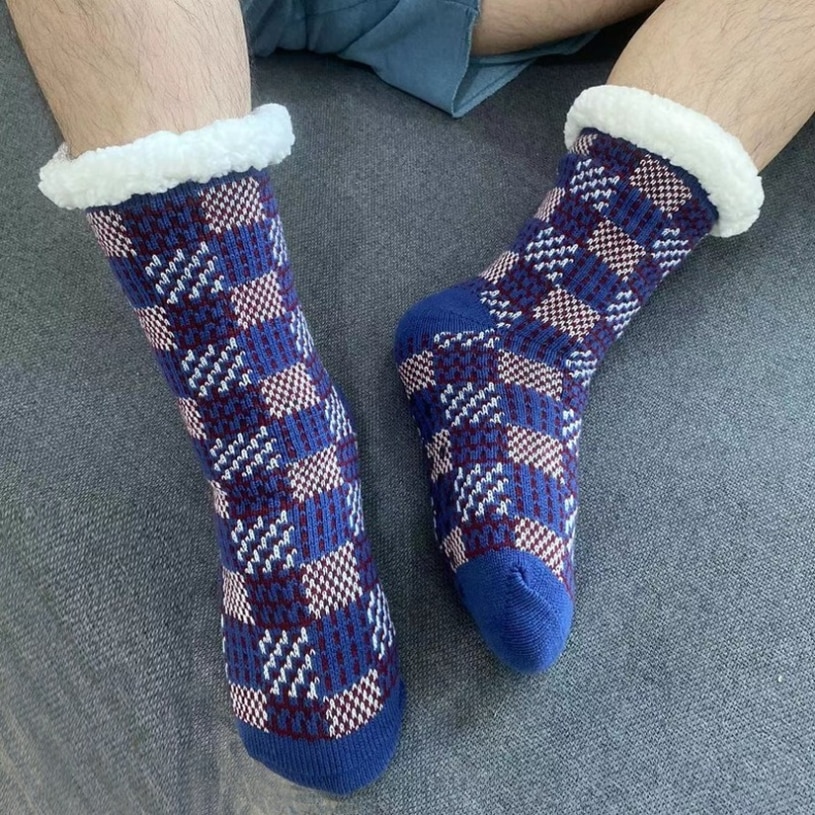 Fluffy Socks Mens Plaid Winter warm Short Cotton Thickened Home Sleeping Thermal Soft Anti slip Floor fuzzy Sock Male 2023 New