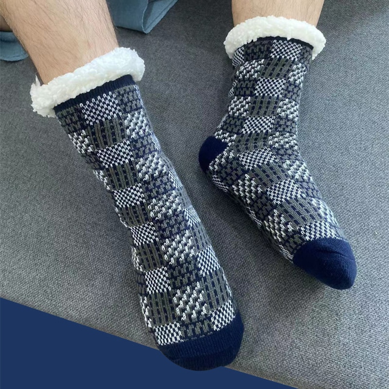 Fluffy Non Slip Socks Mens Plaid Winter Warm Short Cotton Thickened Home Sleeping Thermal Soft Anti Slip Floor Fuzzy Sock Male