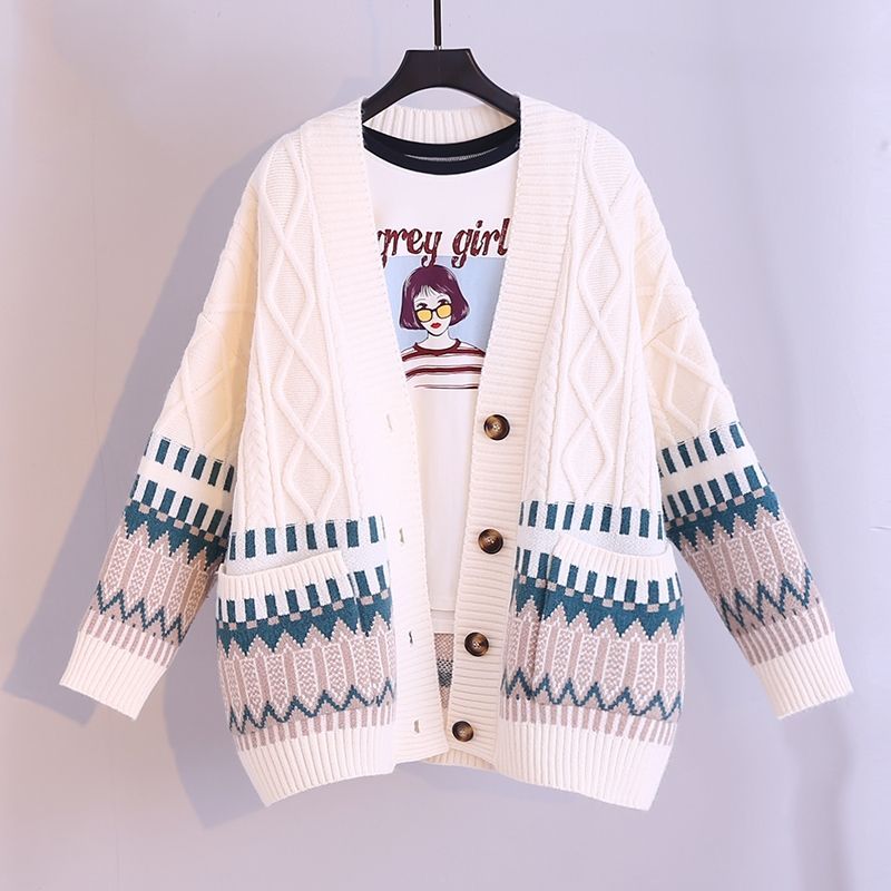 Spring and Autumn Relaxed Style Couple Knitted Cardigan Outwear Top 2022 New Loose Jacquard Outwear Women's Sweater Coat