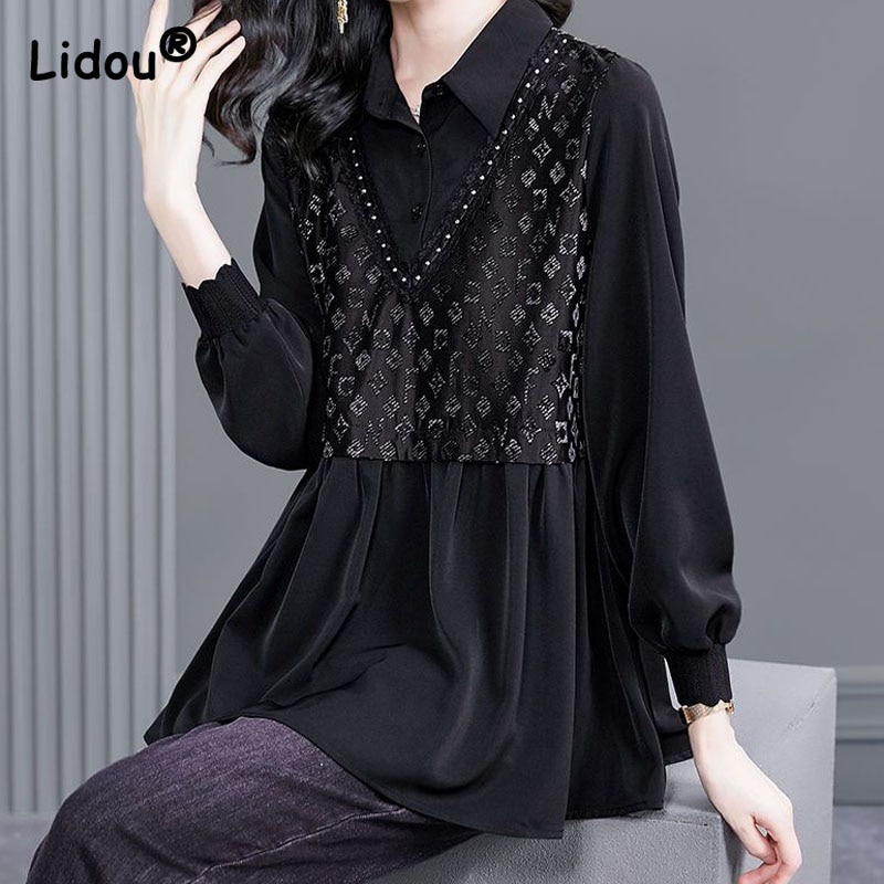 High Sense Golden Velvet Pattern Printing Gauze Spliced Two-piece Blouse Beaded Decoration Turn-down Collar Office Lady Shirts