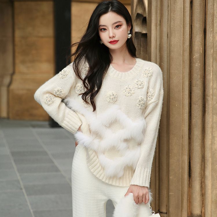 Women Fashion Real Fox Fur Knitted Sweater Real Fur Loose Autumn Spring Sweet Beading Pullover Coat For Ladies