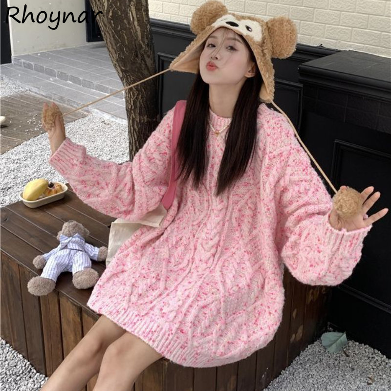 Pink Sweaters Baggy Women Pullovers Round Collar Ulzzang Sweet Schoolgirl Design Kawaii Japanese Hipster Winter Y2k Clothes Chic