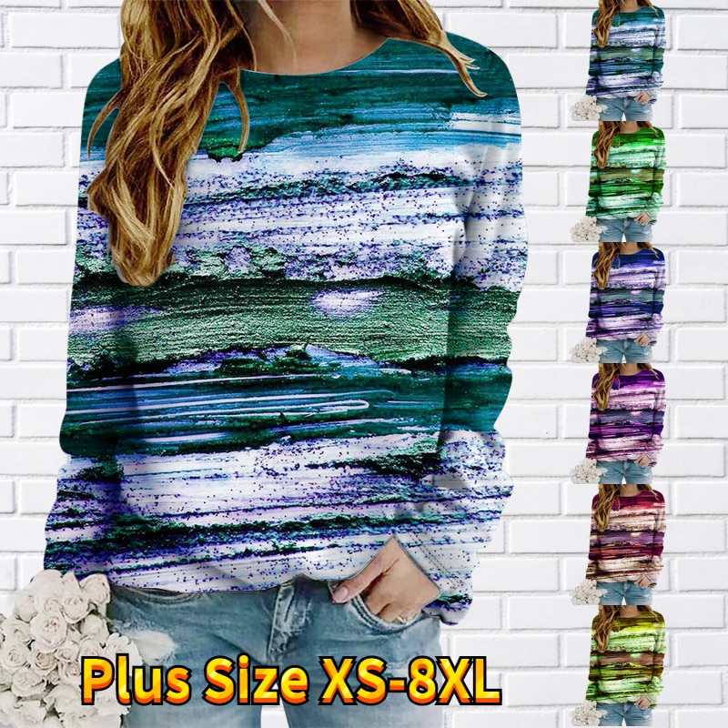 Autumn Winter Women New Design Printing Sweater Simple T-shirt Fashion Long Sleeve Round Neck Loose Size Pullover Vintage Tops