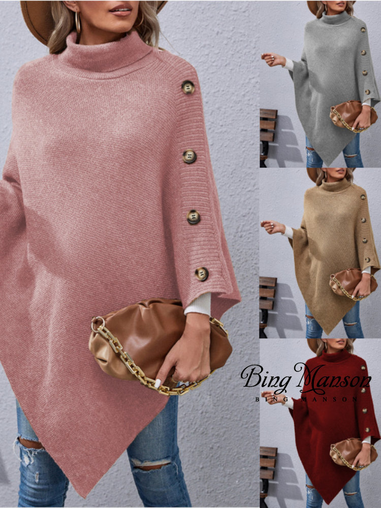 Vintage Button Cape Women's Long Sleeve Knitted Cape Oversized Cape Cape Sweater Winter High Collar Irregular Cape Cardigan