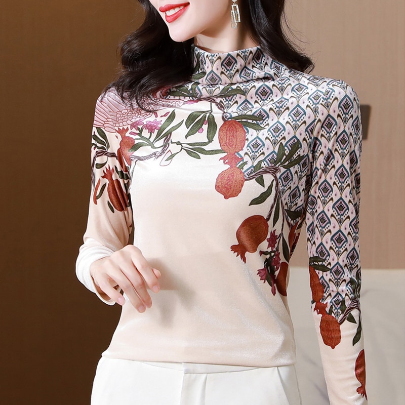 Elegant Floral Printed Gold velvet Bottoming shirt Semi High collar Winter Blouse Tops Long sleeve Women Clothes