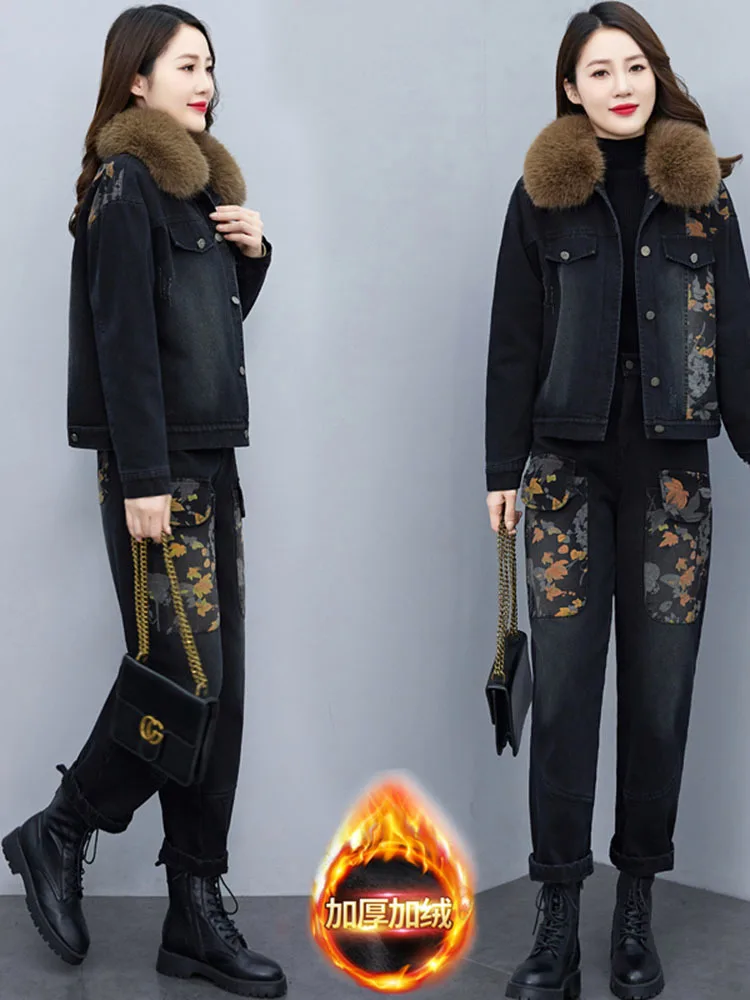 European denim Coat + Pants suit women's plush thickened 2022 winter clothes new casual fashion warmth two-piece set