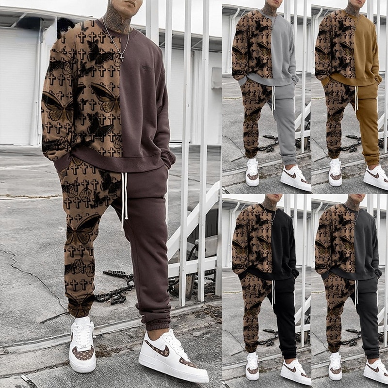 2022 new men's spring and autumn two-piece long-sleeved round neck T-shirt trousers casual loose printing transport suit