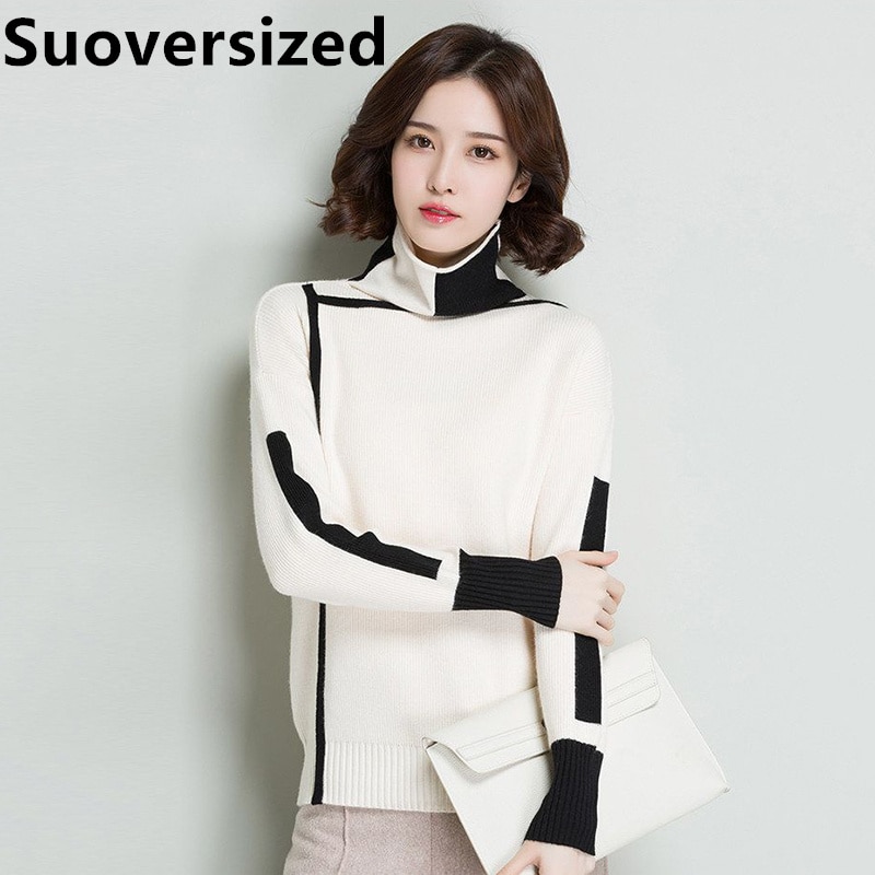 Women's Turtleneck Spliced Sweater Fall Winter New Korean Elegant Chic Knitted Tops Casual Loose Long Sleeve Bottomed Pullo