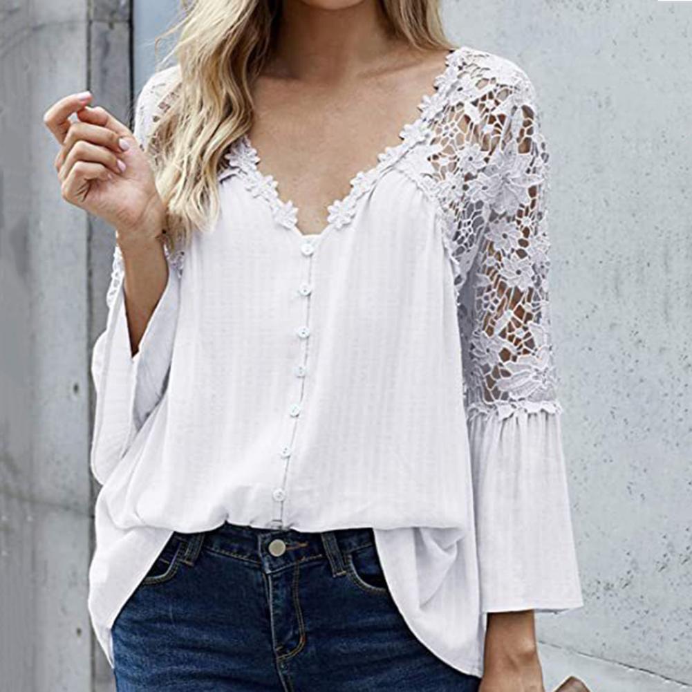 Chic Women Shirt Flower Decor Flare Sleeve Comfy Flare Sleeve Sweet Women Shirt