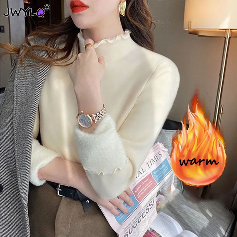 Korean Fashion Warmth Thick Outer Half-shirt Wears Tide Bottoming High Collar Ladies Plus Fluffy Thick New Winter Long Sleeve To