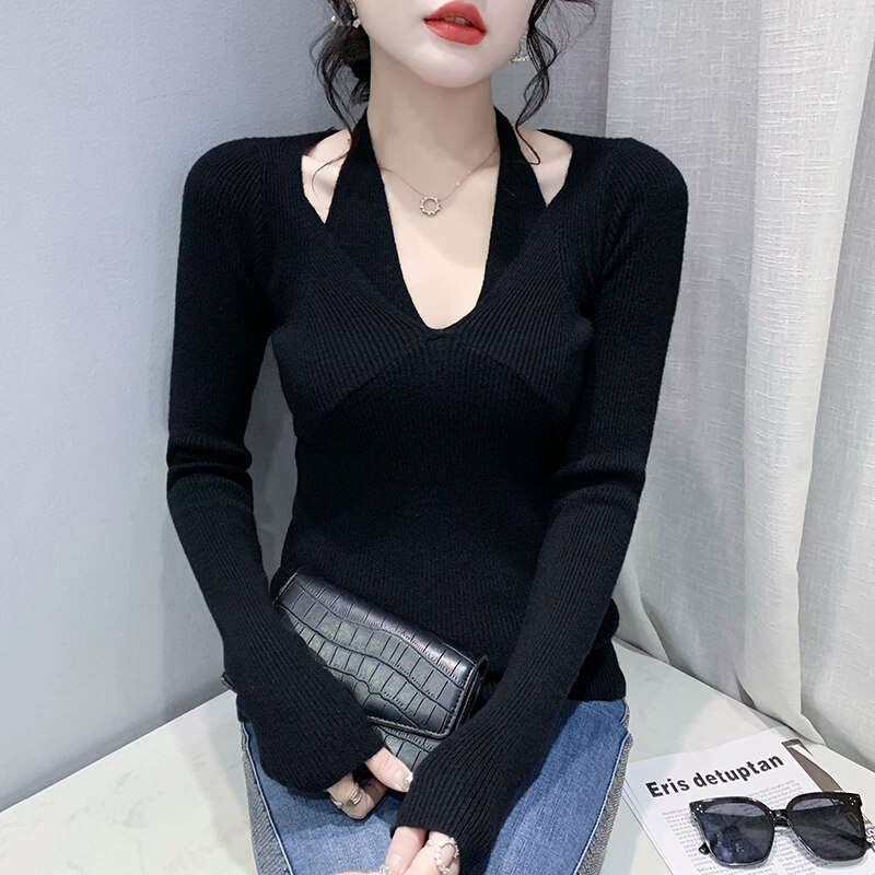 Fall Winter Solid Knitted Sweater Fashion Sexy Cross V-Neck Halter Hollow Out Women's Long Sleeve Pullovers All Match Tops 