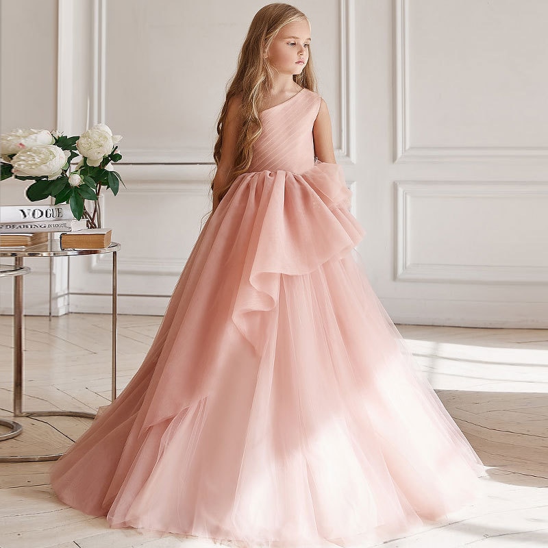 Elegant Girls Princess Dress Kids Birthday Wedding Party Layered Tulle Clothes Young Girls White Pink Evening Costume Vestidos