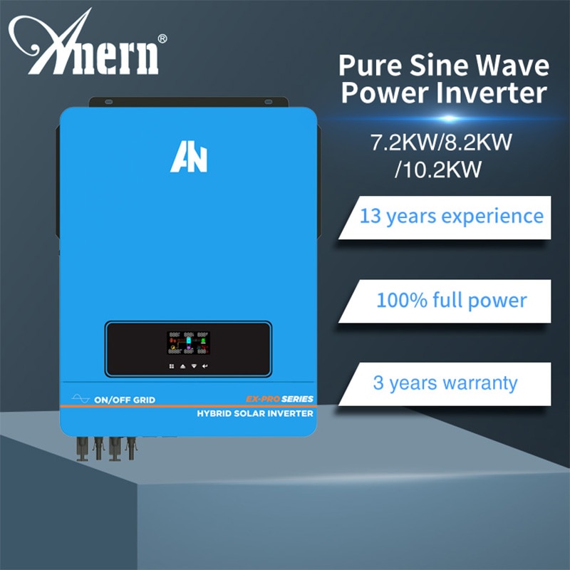Anern 8.2KW 8200W Hybrid Solar Inverter Build-in Mppt 140A Controller 500VDC PV Input 230VAC 48V Pure Sine Wave Hybrid Inverter