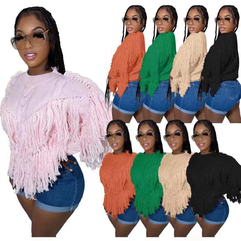 Solid Hand Crochet Knitted Tassel Sweater For Women 2022 Winter Long Sleeve O Neck Casual Loose Irregular Tops Warm Sweaters