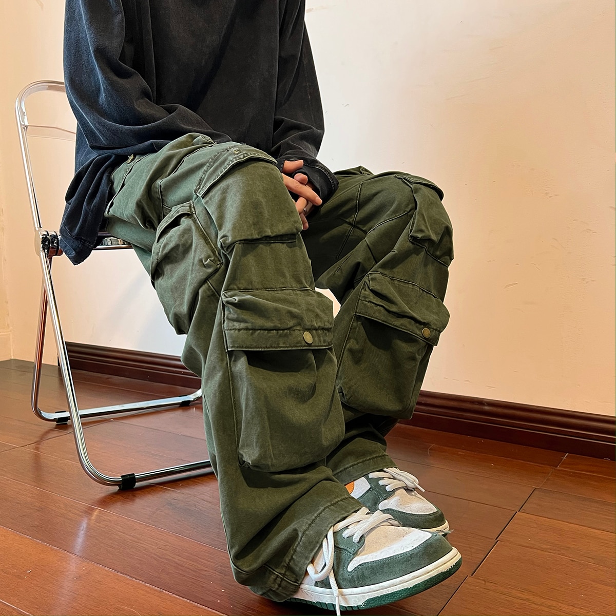 Cargo Pants Multi-pockets Tooling Pant Harajuku Men's Vintage Loose Wide Leg Pants Streetwear Casual Hip-hop Mopping Trouse
