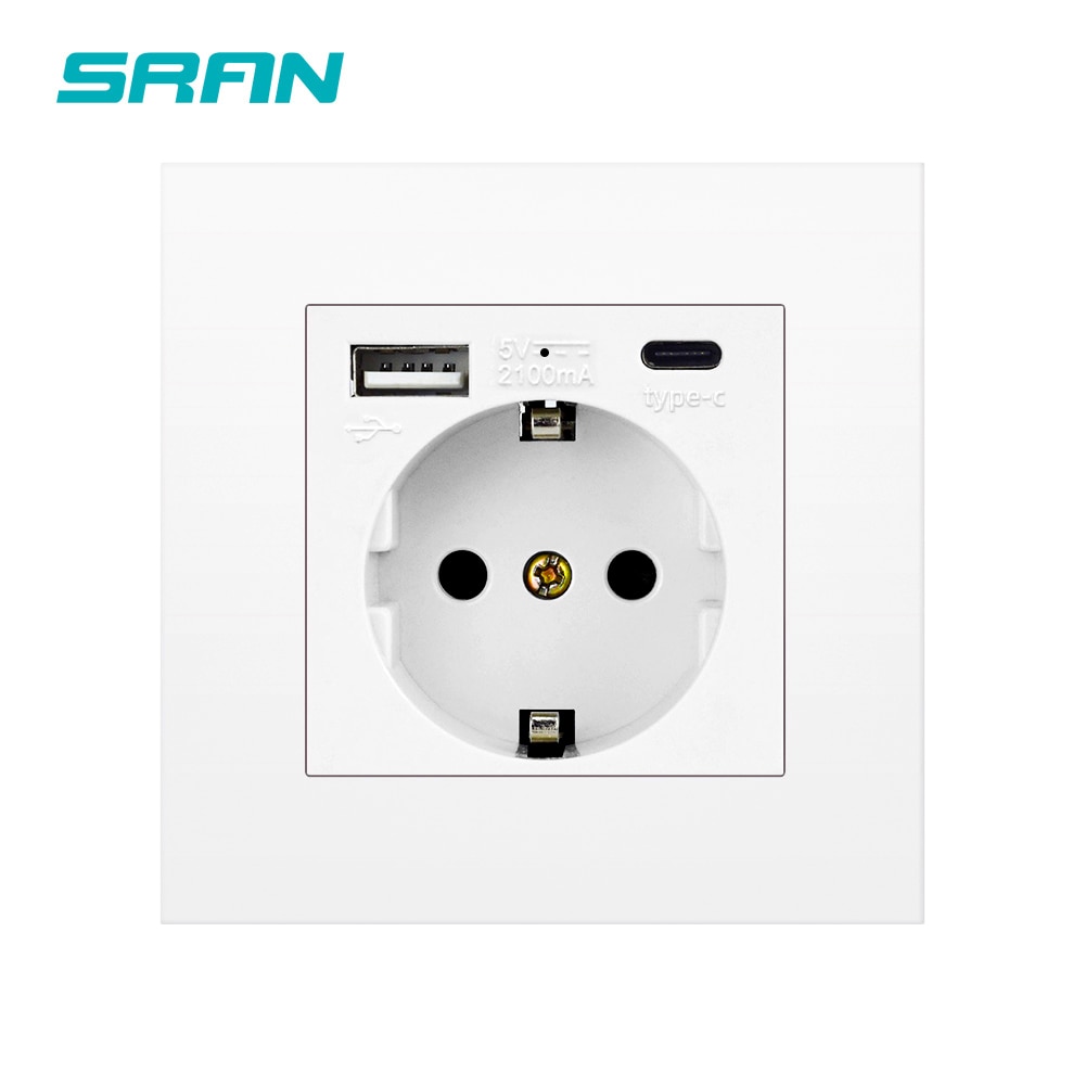 SRAN New style USB Type C charging outlets Available for iPhone and Android,Fire-resistance PC panel 86*86mm