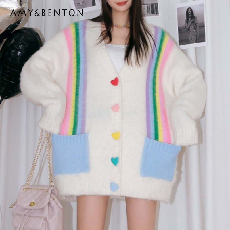 Autumn Sweet Elegance V-neck Knitted Coats Rainbow Love Single-Breasted Design Loose Sweater Fashion Cardigan Sweater for Women