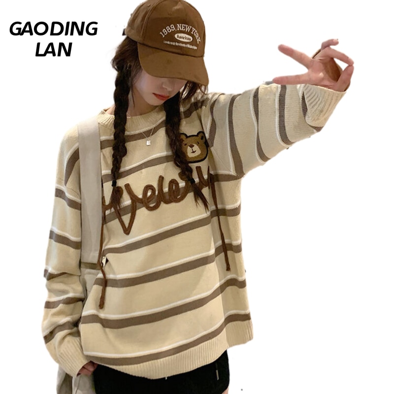 GAODINGLAN Large Size Long Sleeve Women Sweaters Letter Bear Embroidery Stripe Knit Tops Autumn Winter Versatile Loose Pullovers