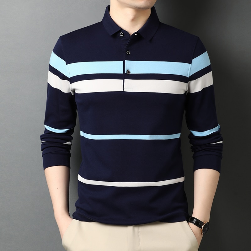 2022 New 100％ Cotton Men's Brand Polo Shirt Striped Long Sleeve T-Shirt Business Casual Lapel Fashion Top Soft Comfort Stro