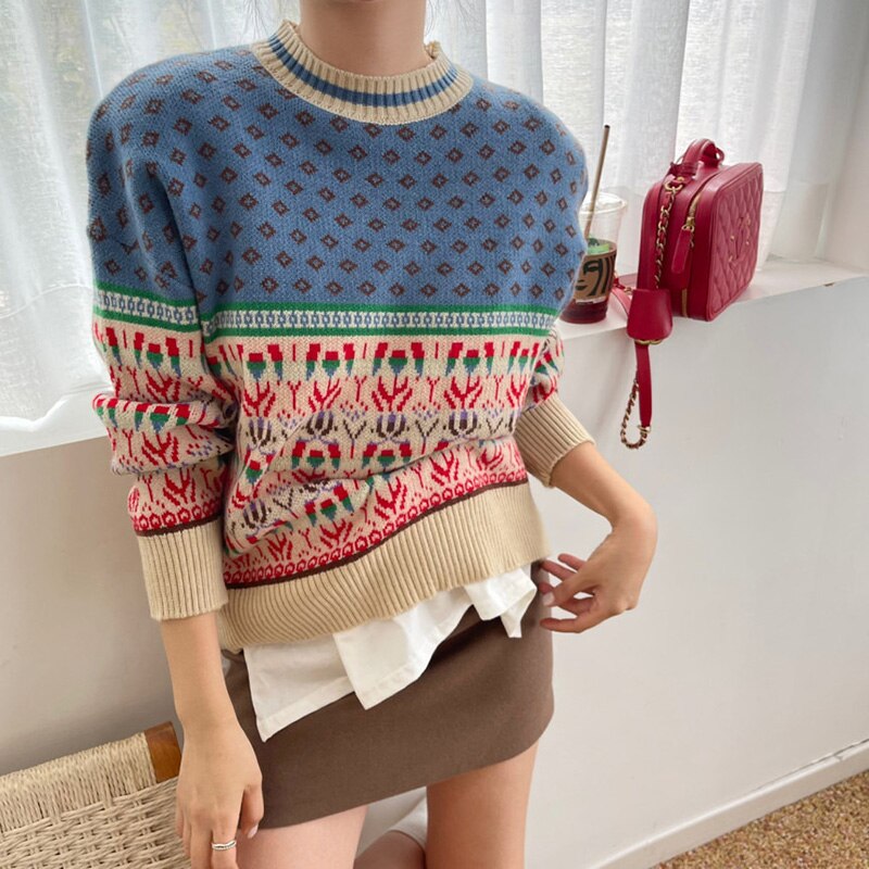 Winter Clothes Sweater Women Vintage Jacquard Knitted Sweaters Pull Thicken Loose Long Sleeve Top Warm Pullover Knitwear Pulls