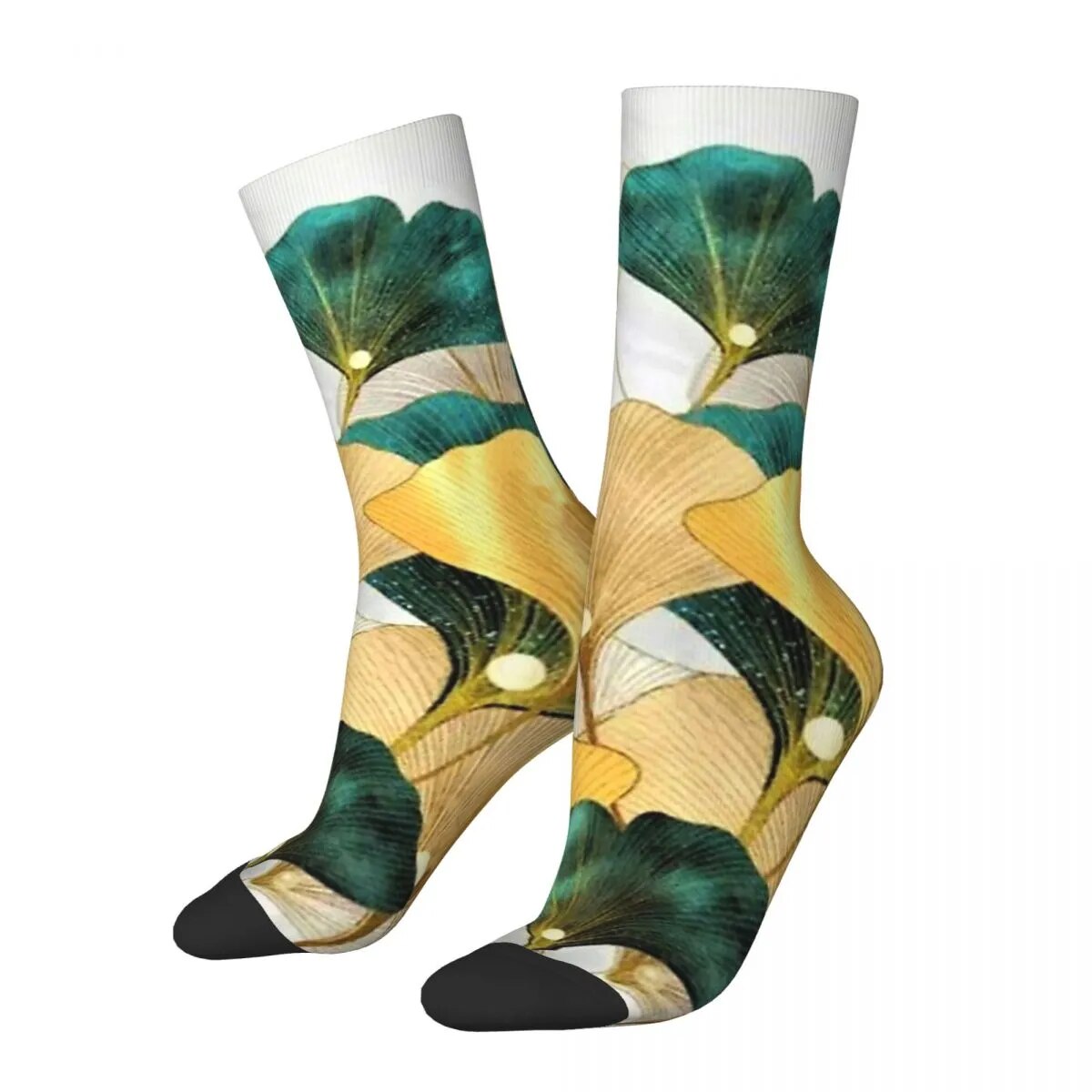 Funny Crazy Sock for Men Green And Gold Leaves Hip Hop Vintage Ginkgo Happy Seamless Pattern Printed Boys Crew Sock Novelty Gift