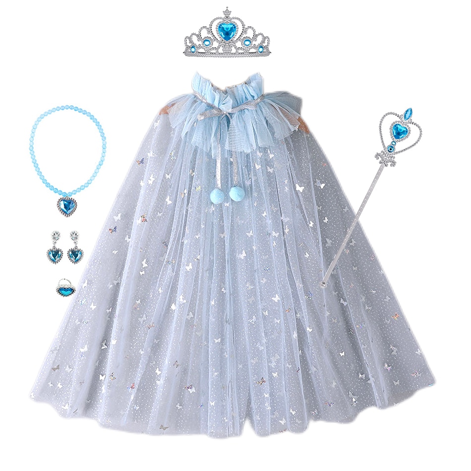 Elsa Costumes For Girls 2023 Snow Queen Wand Crown Necklace Earring Ring Set Tulle Sequins Cloak Rapunzel Aurora Party Accessory