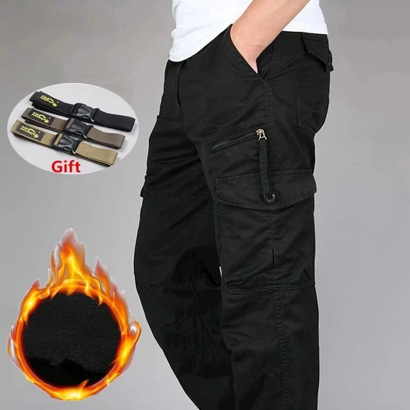 Men's Cargo Pants Winter Outdoor Double Layer Fleece Warm Thick Military Style Long Trousers Men Multi Pocket Baggy Casual 