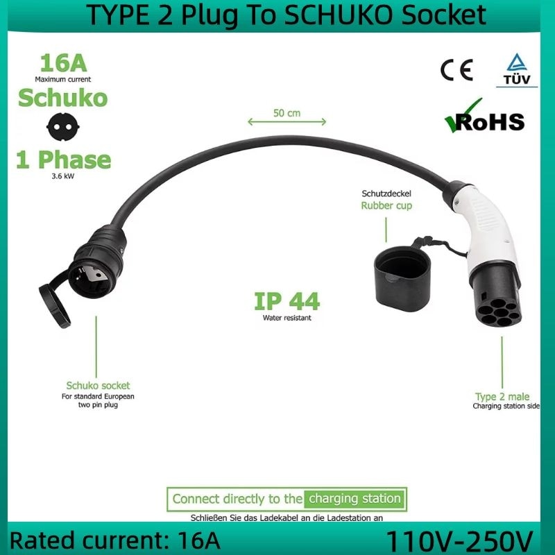 New in 16A Electric Vehicle Charging Cable Plug Charger Adapter 16A IEC 62196 Type2 To Schuko EV Adaptor