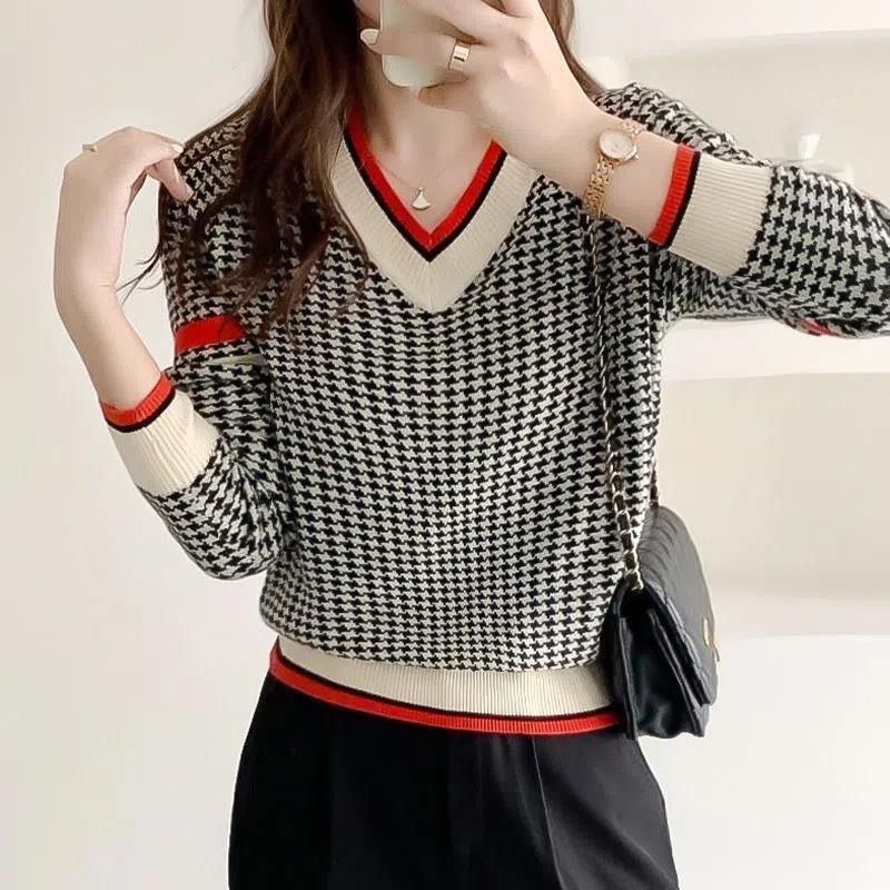 Women's Clothing Fashion Houndstooth Knitted Sweaters 2022 Autumn Winter V-Neck Spliced Loose Commute Long Sleeve Jumpers F
