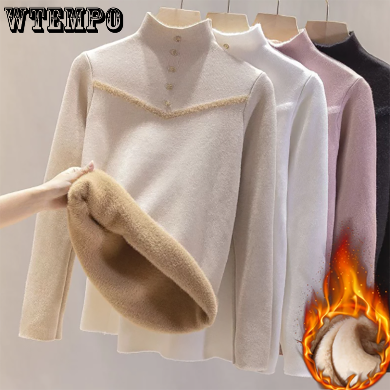 Plush Warm Sweater Jumper for Women Velvet Pullover Autumn and Winter Simple Basic Style Undercoat Slim Fit Thermal Knitted Top