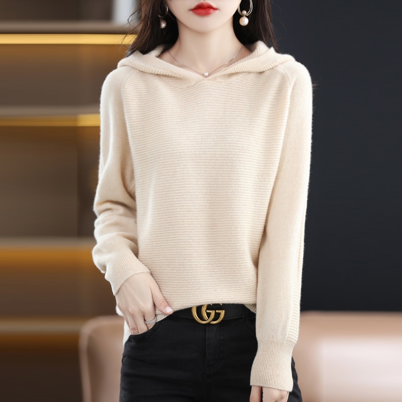 2022 Autumn/Winter New Loose 100% Wool Pullover Hooded Women Sweater Solid Color Casual Long Sleeve Knit Jumper Trendy Top Coat