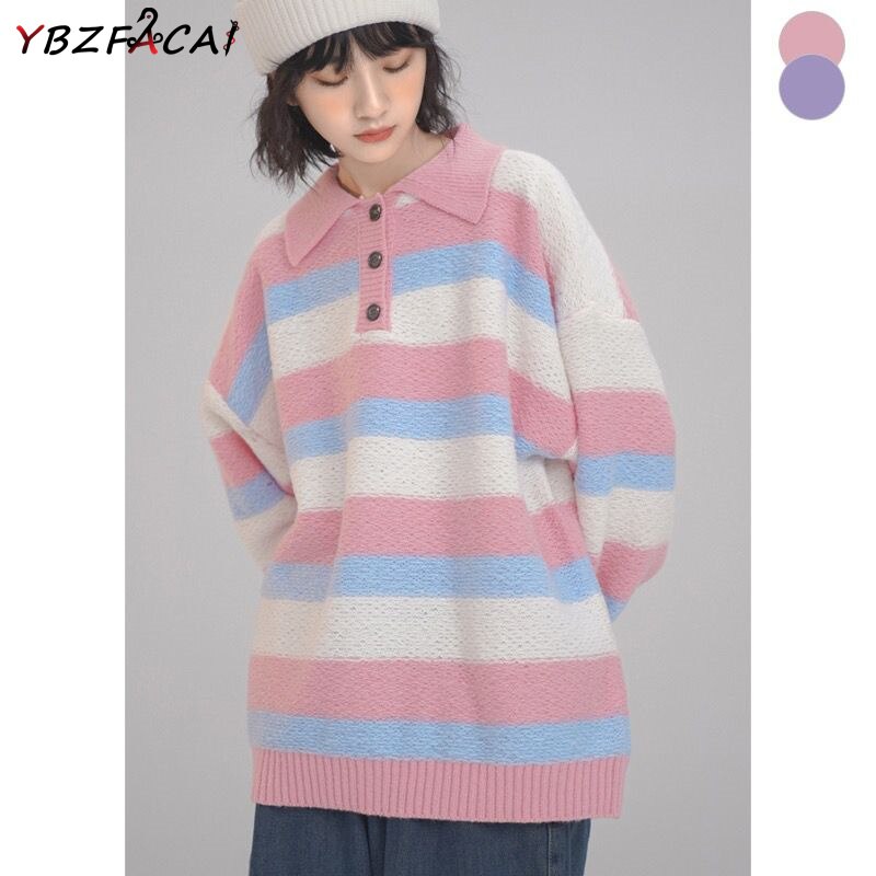 College Striped Polo Neck Sweater Women 2022 Sweet Pink Loose Knitted Tops Autumn Winter Korea Warm Thickened Pullover Jumper