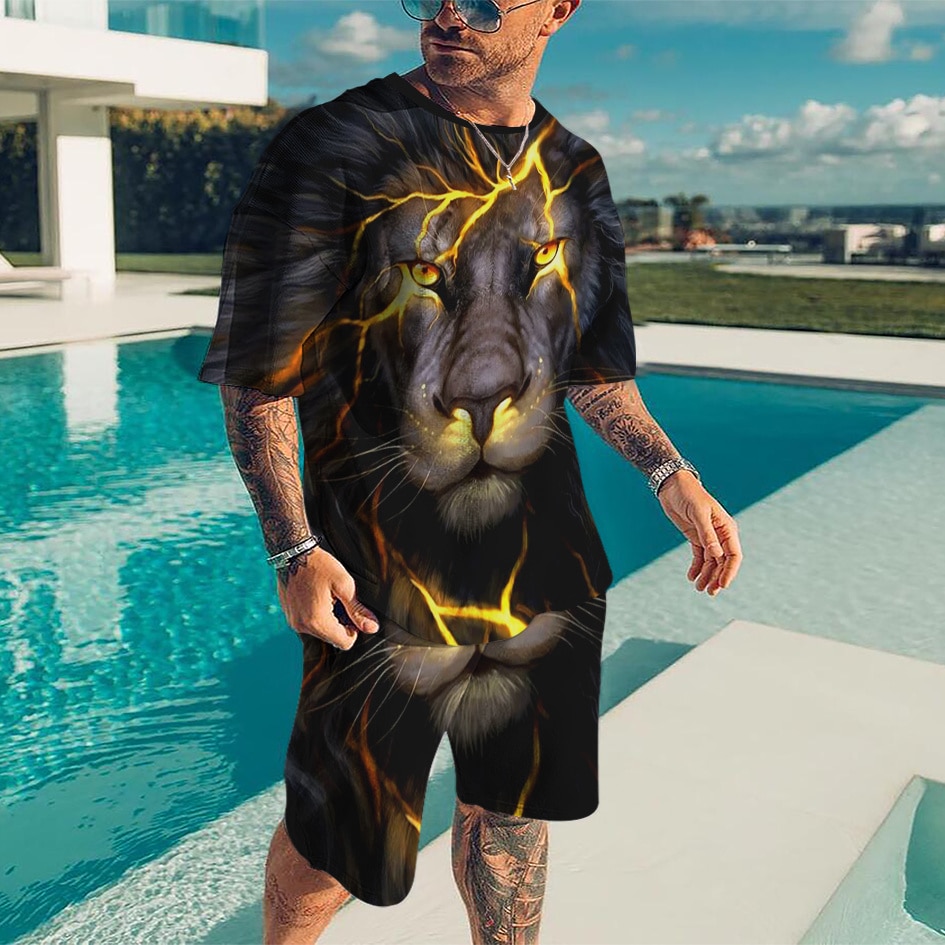 New 2022 Summer Men's T-shirt Men's Casual Suit Tiger T-shirt Short sleeve+Shorts Oversized 3D Print 2-Piece Set