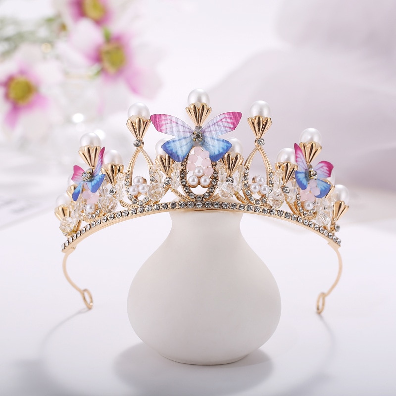 Romantic Butterfly Shape Princess Crown for Girls Handmade Rhinestone Tiara Pearl Headband For Birthday Wedding Model Catwalk