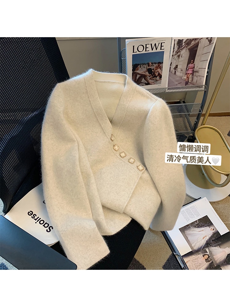 Women Knitwear Irregular Clipping Design Knit Cardigan 2022 Winter V-neck Soft Sweater Luxury Lady Clothes Single Breasted Chic