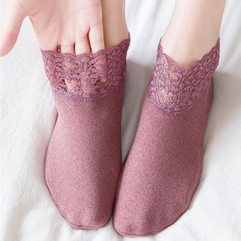 Autumn Winter Short Socks Women Boat Socks Ankle Socks Sleep Socks Warmer Fashion Lace Edge Solid Color No-slip Warmer Socks