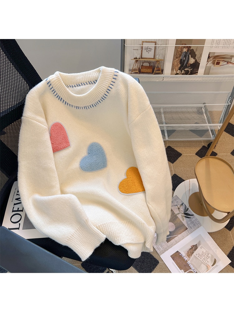 Women Cute Elegant Sweater Long Sleeve O-neck Knitted Pullover Female Soft Warm Heart Print Top Jumpers Autumn and Spring 2022