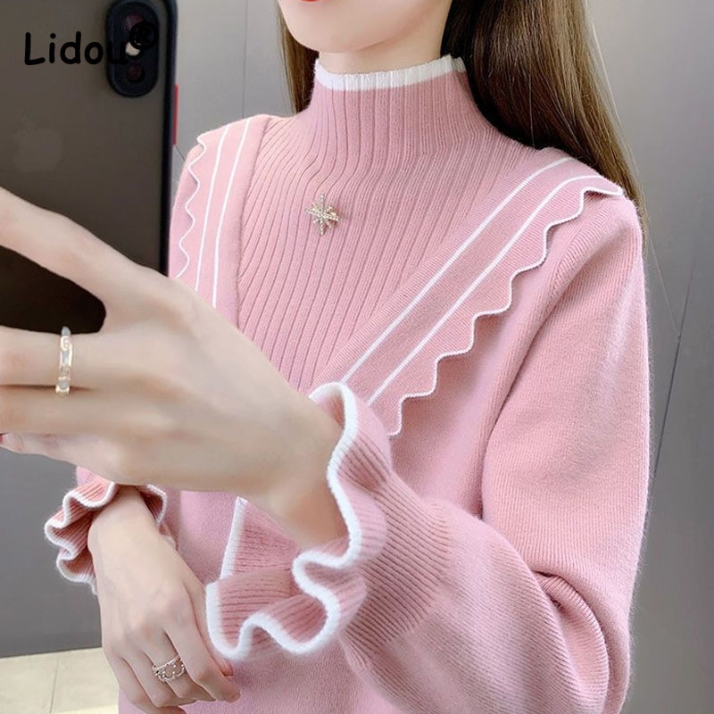 Bright Line Half Height Collar Autumn Winter Korean Female Pullovers Flare Sleeve Loose Ruffles Patchwork Design Four Colors