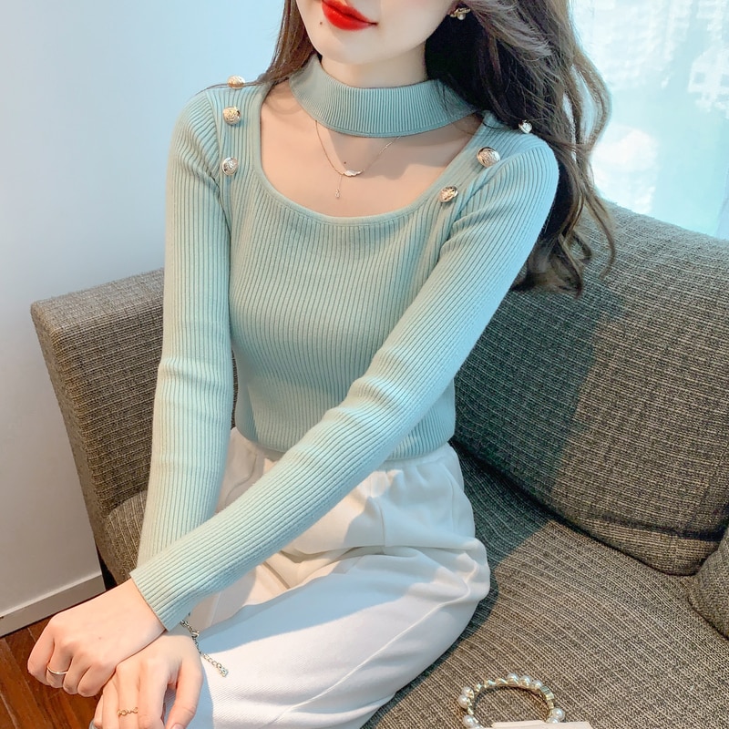 Korean Women Sweater Sexy Hollow Out Halter Knitted Bottoming Shirt Chic Solid Pullovers and Sweaters Elegant Knitwear Blouses